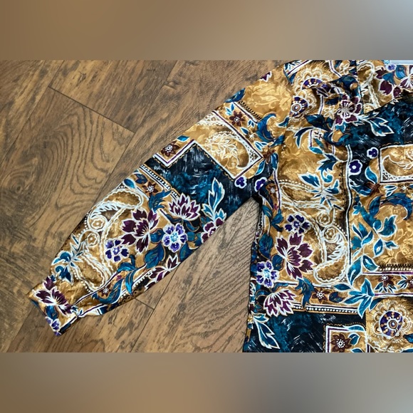 Vintage polyester button up collared shirt long puff sleeve floral design sz14 - Picture 5 of 16